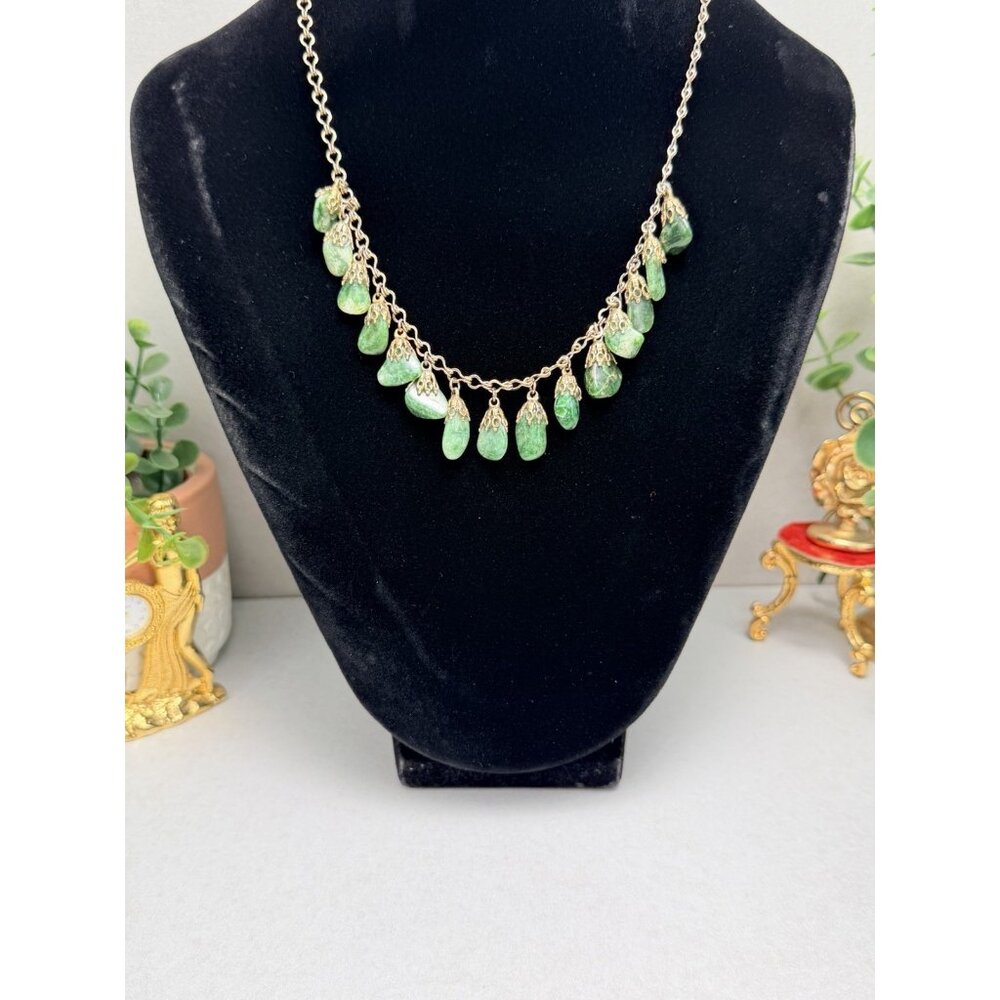 Vintage Gemstone Fringe Necklace Gold Tone Chain Mid Century